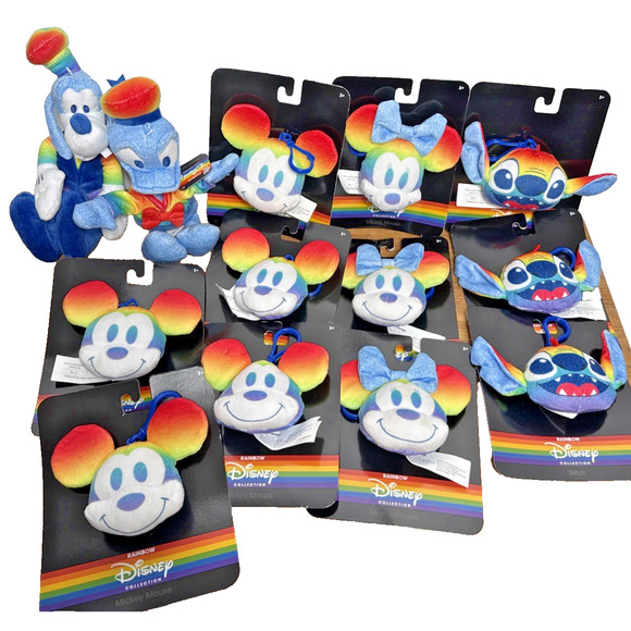 Rainbow Disney Collection Plush Lot NWT Stitch Mickey Mouse Minnie Backpack Clip - Picture 1 of 10